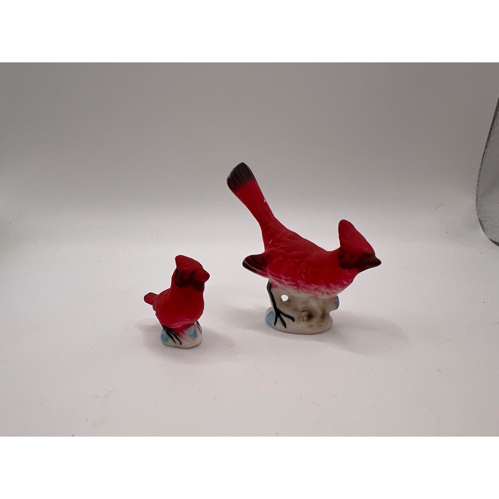 Vintage Miniature Bone China Mom & Baby Cardinal Pair Japan Birds Trinket Shelf